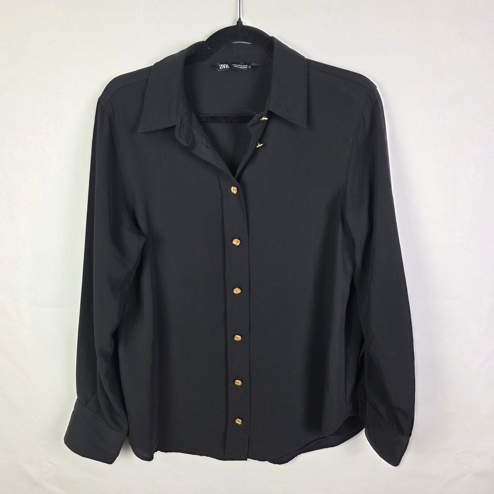 ZARA Black Long Sleeve Button Down Blouse with Gold Hammered Buttons‎ Womens M
